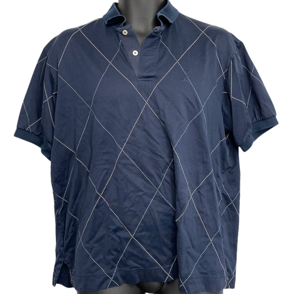 Nautica Polo Shirt Mens Size M Dark Blue Plaid Short Sleeves 100% Cotton Preppy